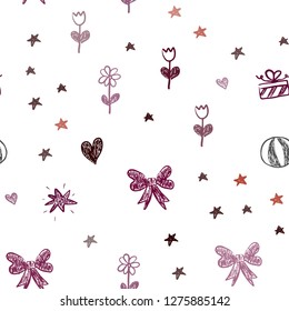 Dark Red vector seamless texture with birthday gifts. Illustration with a gradient toy car, heart, baloon, tulip, candy, ball. Pattern for new year ads.