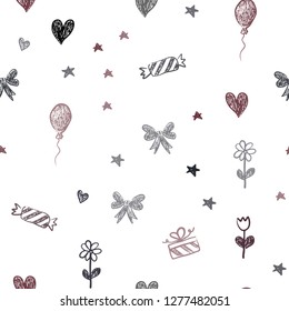 Dark Red vector seamless texture in birthday style. Design in xmas style with aheart, baloon, candy, gift, star, ribbon. Template for new year postcards.