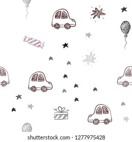 Dark Red vector seamless texture in birthday style. Illustration with a gradient toy car, baloon, candy, star, ball. Pattern for carnival, festival ads.