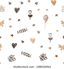 Dark Red vector seamless texture in birthday style. Abstract illustration with aheart, baloon, candy, gift, star, ribbon. Pattern for new year ads.