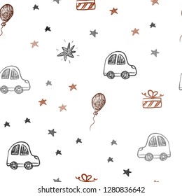 Dark Red vector seamless texture in birthday style. Abstract illustration with a toy car, baloon, candy, star, ball. Template for new year postcards.