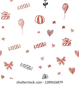 Dark Red vector seamless texture in birthday style. Illustration with a gradientheart, baloon, candy, gift, star, ribbon. Pattern for carnival, festival ads.