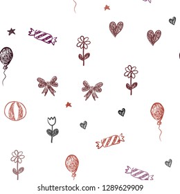 Dark Red vector seamless texture in birthday style. Abstract illustration with aheart, baloon, candy, gift, star, ribbon. Template for new year postcards.