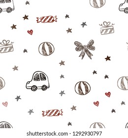 Dark Red vector seamless texture with birthday gifts. Abstract illustration with a toy car, heart, baloon, tulip, candy, ball. Pattern for birthday gifts.