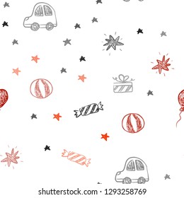 Dark Red vector seamless texture in birthday style. Design in xmas style with a toy car, baloon, candy, star, ball. Pattern for new year ads.