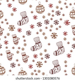 Dark Red vector seamless texture with colored snowflakes, balls, socks, mittens. Colorful decorative design in xmas style. Design for textile, fabric, wallpapers. Dark Red vector seamless texture with colored snowflakes, balls, socks, mittens. Colorful decorative design in xmas style. Design for textile, fabric, wallpapers.