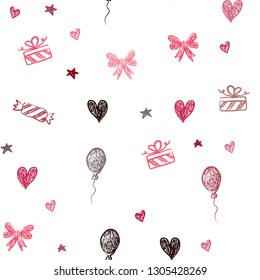 Dark Red vector seamless texture in birthday style. Design in xmas style with aheart, baloon, candy, gift, star, ribbon. Template for new year postcards.