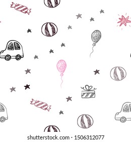 Dark Red vector seamless texture in birthday style. Abstract illustration with a toy car, baloon, candy, star, ball. Design for colorful commercials.