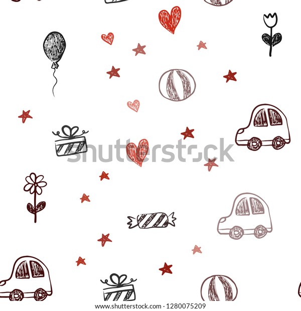 Dark Red vector seamless\
texture with birthday gifts. Colorful illustration with a toy car,\
heart, baloon, tulip, candy, ball. Design for colorful\
commercials.