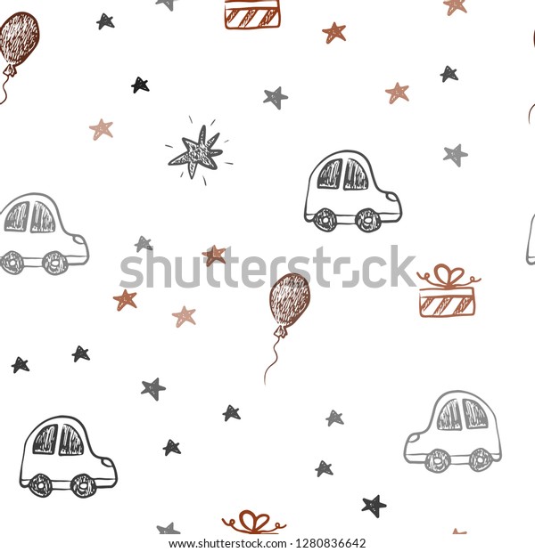 Dark Red vector seamless texture\
in birthday style. Abstract illustration with a toy car, baloon,\
candy, star, ball. Template for new year\
postcards.
