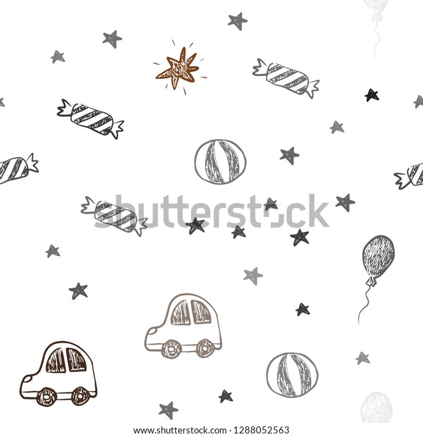 Dark Red vector seamless texture in\
birthday style. Colorful illustration with a toy car, baloon,\
candy, star, ball. Design for colorful\
commercials.