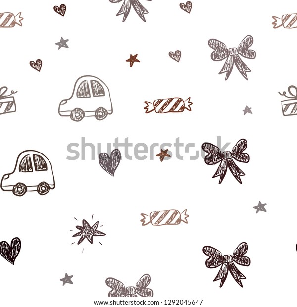 Dark Red vector seamless\
texture with birthday gifts. Abstract illustration with a toy car,\
heart, baloon, tulip, candy, ball. Design for holiday\
adverts.