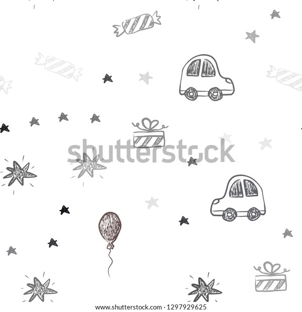 Dark Red vector seamless texture in birthday\
style. Design in xmas style with a toy car, baloon, candy, star,\
ball. Pattern for birthday\
gifts.