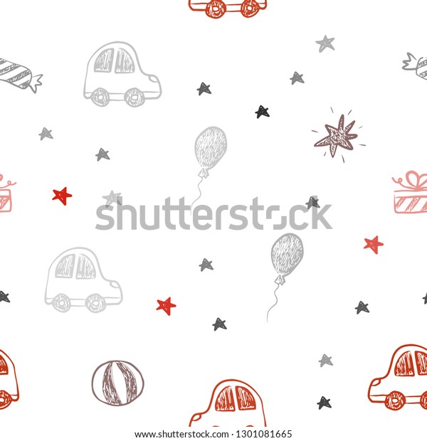 Dark Red vector seamless texture in birthday\
style. Illustration with a gradient toy car, baloon, candy, star,\
ball. Design for holiday\
adverts.