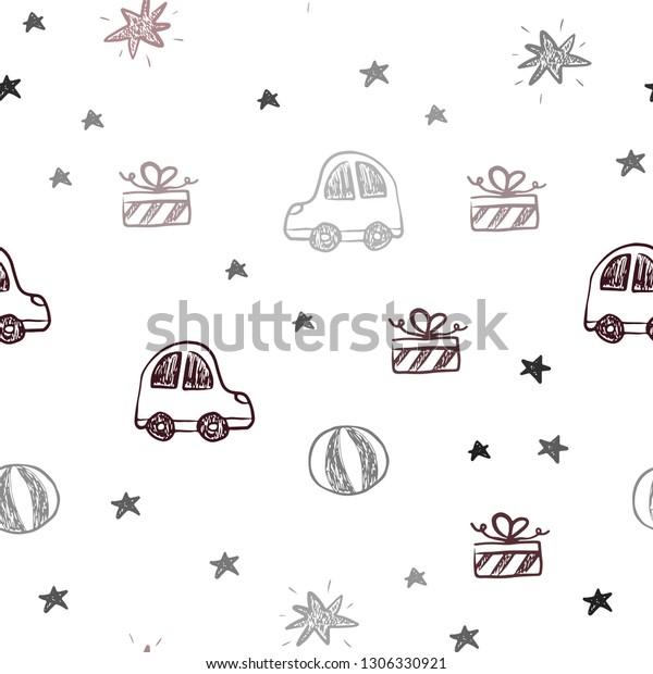 Dark Red vector seamless texture in birthday\
style. Illustration with a colorful toy car, baloon, candy, star,\
ball. Design for holiday\
adverts.