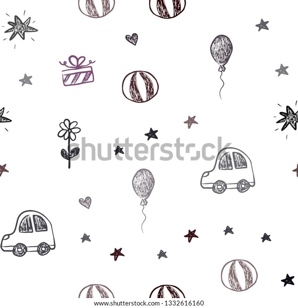 Dark Red vector seamless texture\
with birthday gifts. Illustration with a gradient toy car, heart,\
baloon, tulip, candy, ball. Design for colorful\
commercials.