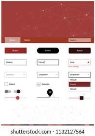 Dark Red vector style guide with triangles, circles. Web ui kit with abstract triangles, circles in its header. This template you can use for landing pages.
