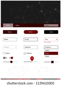 Dark Red vector style guide with triangles, circles. Ui Ux kit with colorful polygonal background in its header. This sample is for your landing page.