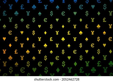 Plantilla de vector rojo oscuro con símbolos de póquer. Ilustración de color con corazones, espadas, palos, diamantes. Patrón de folletos de juegos de póquer, eventos.