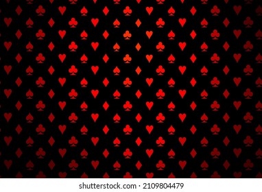 Dark red vector template with poker symbols. Illustration with set of hearts, spades, clubs, diamonds. Smart design for your business advert of casinos.