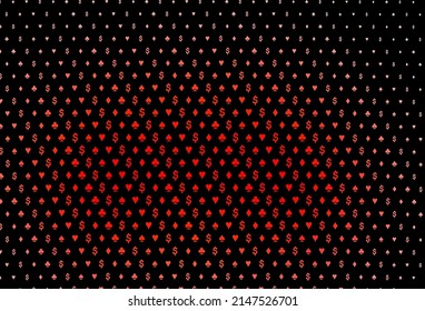 Dark red vector template with poker symbols. Shining illustration with hearts, spades, clubs, diamonds. Template for business cards of casinos.