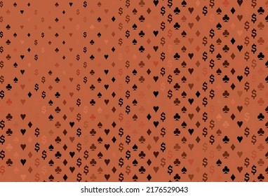 Plantilla de vector rojo oscuro con símbolos de póquer. Esbozo abstracto brillante con símbolos aislados de cartas de juego. Patrón para anuncios de fiestas, eventos en Las Vegas.