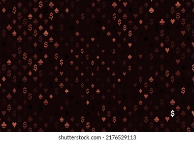 Dark red vector template with poker symbols. Colorful gradient with signs of hearts, spades, clubs, diamonds. Template for business cards of casinos.