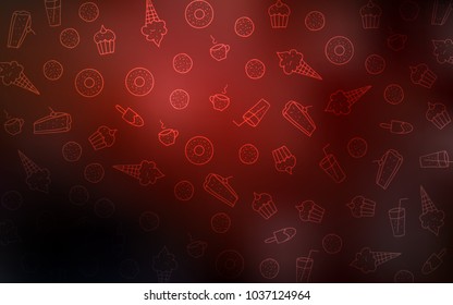 Dark Red vector template with sweet snacks. Blurred decorative design of desserts in doodle style. Design for ad, poster, banner of cafes or restaurants.