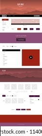 Dark Red vector ui kit with landscape. Modern Style guide with colorful gradient mountains in its header. Template for website of outdoor activities.