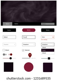 Dark Red vector ui kit with clouds & stars. Modern Style guide with colorful gradient sky in its header. This sample is for your website.