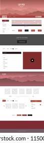 Dark Red vector ui ux kit with hills and rocks. Web ui kit with abstract gradient hills in its header. Sample for your landing page of tourism.