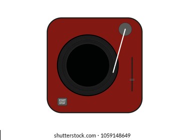 Dark red vinyl turntable icon. Flat style vector drawing. Dark red gramophone. 