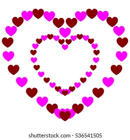 Dark red and violet hearts in heart painted on the  path hearts. Vector eps 10 