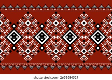 Design tecido vermelho escuro com elementos tribais brancos contrastantes. Tecido vetorial rico e cultural.