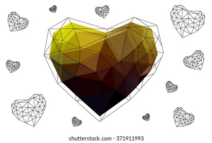 Dark Red, yellow heart isolated on white background. Geometric rumpled triangular low poly origami style gradient graphic illustration. Vector polygonal design for your business.
