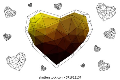 Dark Red, yellow heart isolated on white background. Geometric rumpled triangular low poly origami style gradient graphic illustration. Vector polygonal design for your business.
