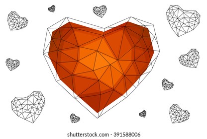 Dark Red, yellow heart isolated on white background. Geometric rumpled triangular low poly origami style gradient graphic illustration. Vector polygonal design for your business.