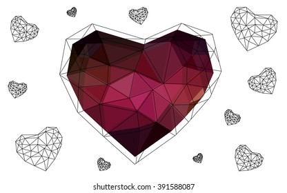 Dark Red, yellow heart isolated on white background. Geometric rumpled triangular low poly origami style gradient graphic illustration. Vector polygonal design for your business.