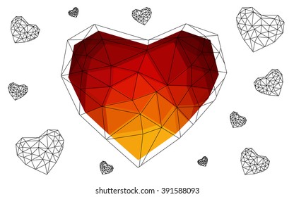 Dark Red, yellow heart isolated on white background. Geometric rumpled triangular low poly origami style gradient graphic illustration. Vector polygonal design for your business.