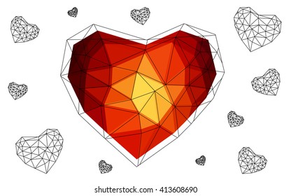 Dark Red, yellow heart isolated on white background. Geometric rumpled triangular low poly origami style gradient graphic illustration. Vector polygonal design for your business.