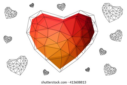 Dark Red, yellow heart isolated on white background. Geometric rumpled triangular low poly origami style gradient graphic illustration. Vector polygonal design for your business.