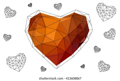 Dark Red, yellow heart isolated on white background. Geometric rumpled triangular low poly origami style gradient graphic illustration. Vector polygonal design for your business.