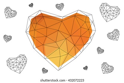 Dark Red, yellow heart isolated on white background. Geometric rumpled triangular low poly origami style gradient graphic illustration. Vector polygonal design for your business.