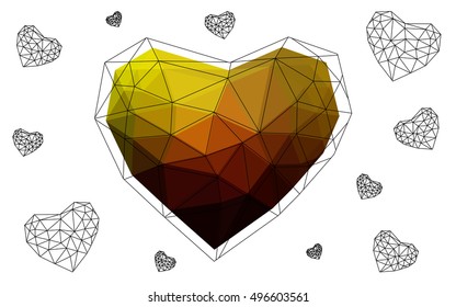Dark Red, yellow heart isolated on white background. Geometric rumpled triangular low poly origami style gradient graphic illustration. Vector polygonal design for your business.