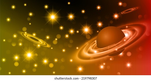 Dark red yellow sparkling background with stars in the sky and blurry lights, illustration. Abstract, Universe, Galaxies, ring. 