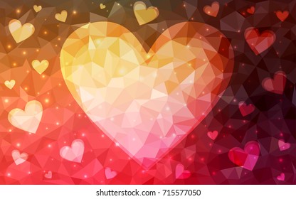 Dark Red, Yellow vector abstract Triangle Geometrical Heart on white polygonal background. Happy Valentine's Day Greeting Card. Stock template for your design.