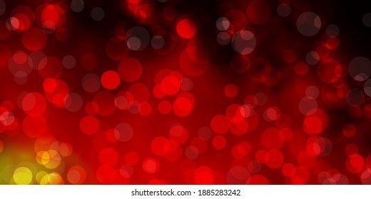 Rojo oscuro, fondo vector amarillo con puntos. Ilustración abstracta moderna con formas de círculo coloridas. Patrón para papeles pintados, cortinas.