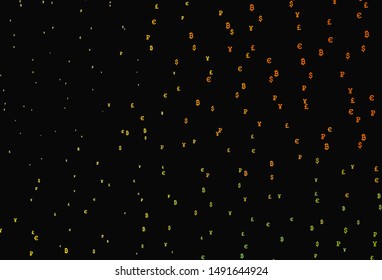 Dark Red, Yellow vector background with signs of currency. Abstract illustration with colored financial digital symbols. Pattern for bank ads, posters, banners.