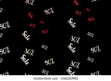 Dark Red, Yellow vector background with 30, 50, 90 % signs of sales. Colored words of sales with gradient on white background. Template for season sales, shopping ads.