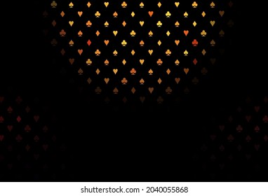 Dark red, yellow vector background with cards signs. Illustration with set of hearts, spades, clubs, diamonds. Design for ad, poster, banner of gambling websites.